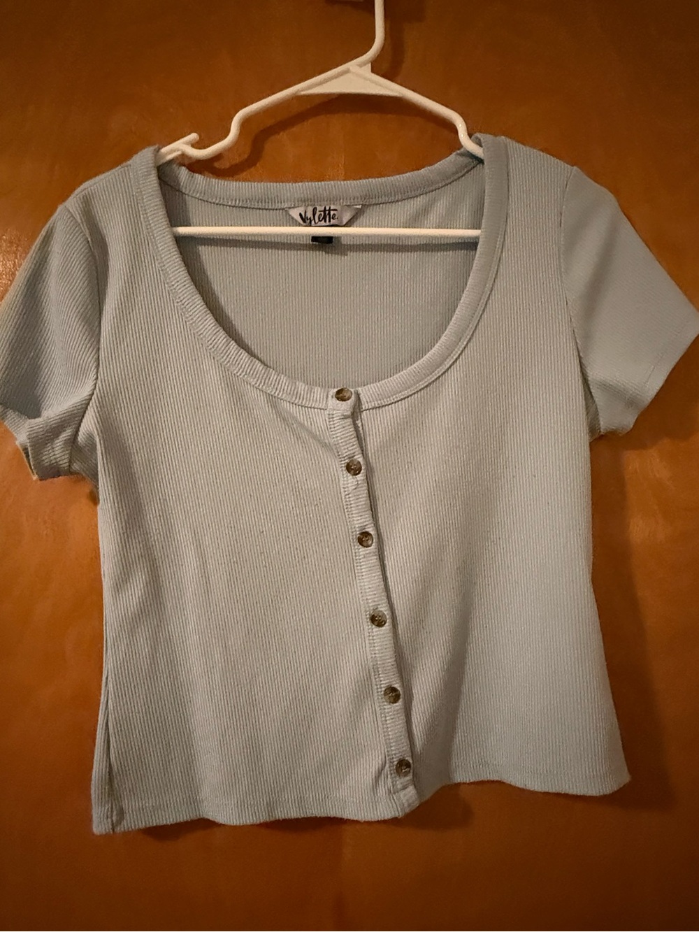 Light Blue Ribbed Button-Front Scoop Neck crop-top